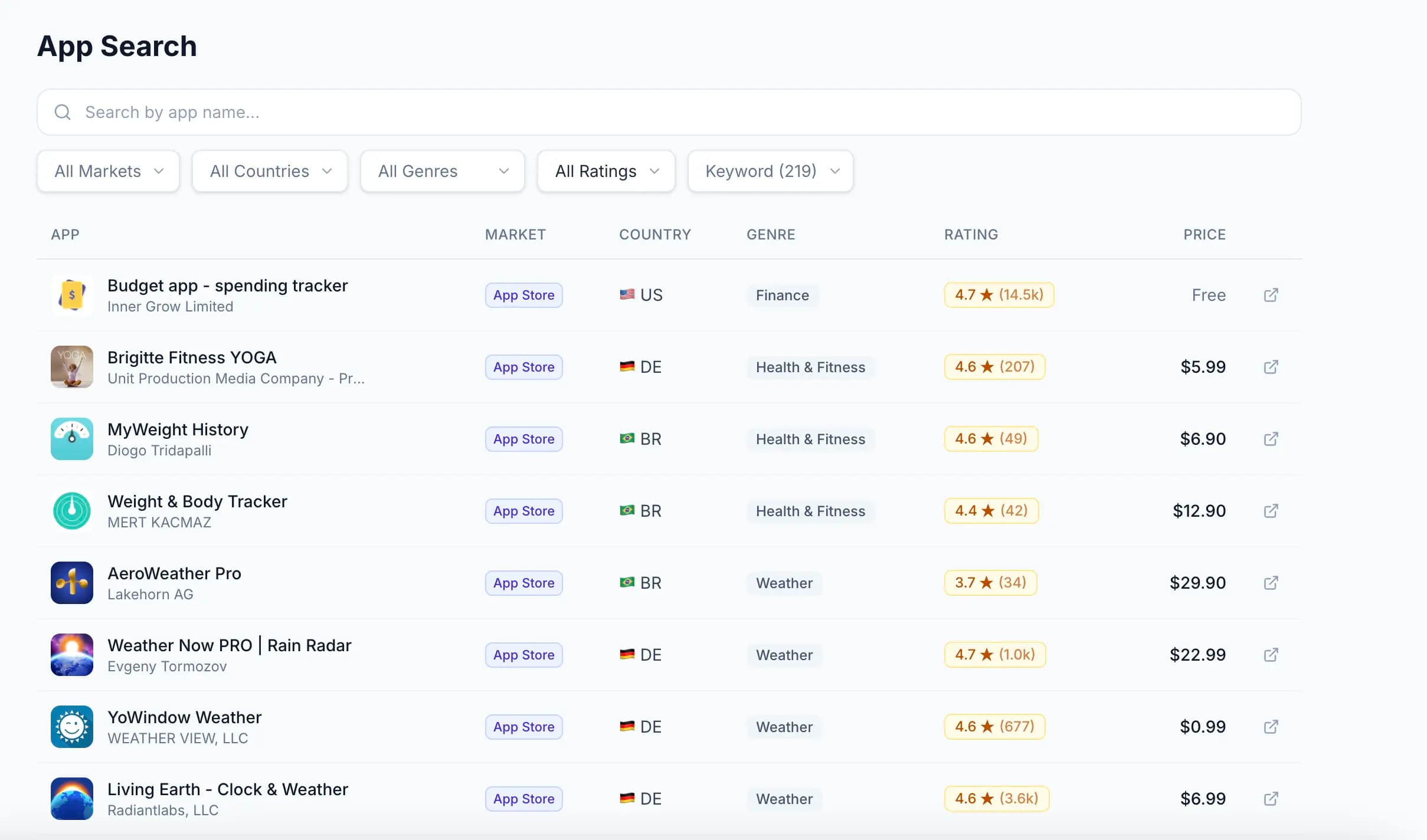 App search results preview